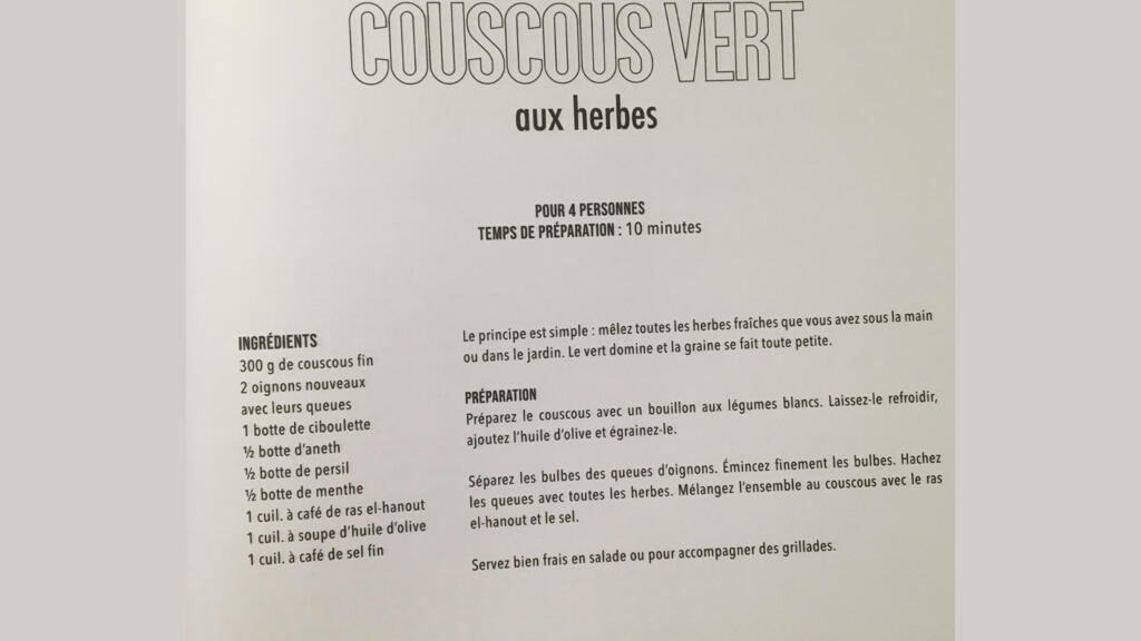 Recette du Couscous vert aux herbes, recette issue de «Couscous pour tous», de Nordine Labiadh.