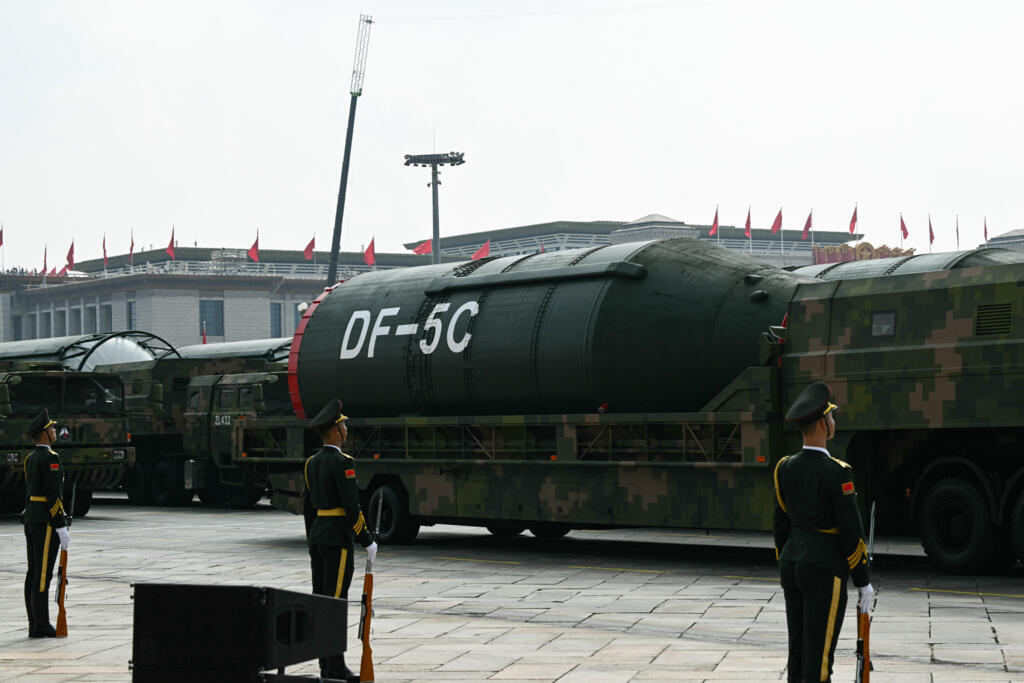 DF-5C intercontinental ballistic missiles are seen during a military parade marking the 80th anniversary of victory over Japan and the end of World War II, in Beijing’s Tiananmen Square