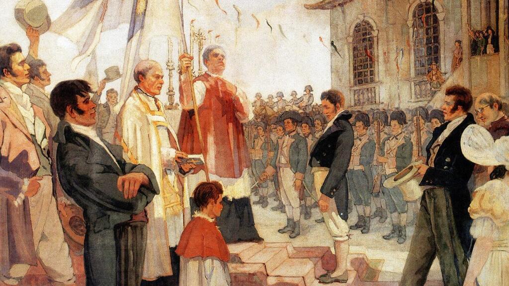 O quadro "Benção das bandeiras da Revoução de 1817", de Antônio Parreiras.