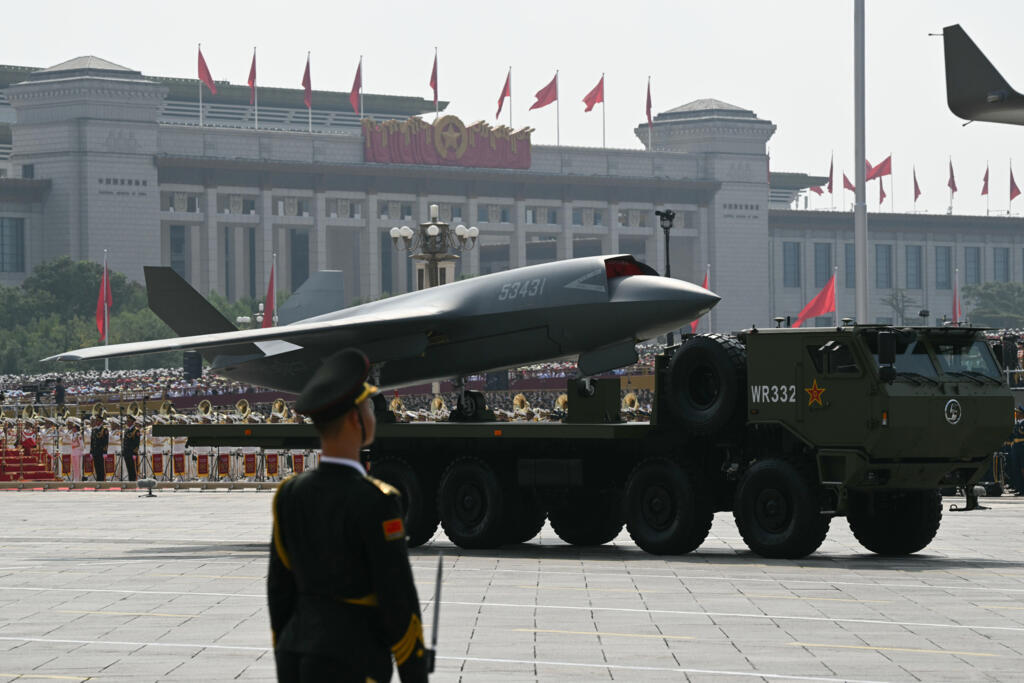An unmanned aerial vehicle is seen during a military parade marking the 80th anniversary of victory over Japan and the end of World War II, in Beijing’s Tiananmen Square