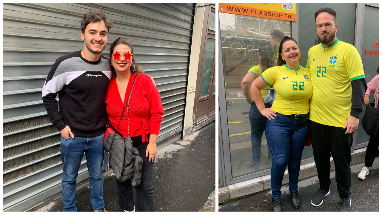 Os casais Gisele Guedes e Gabriel Ranieri, à esquerda, e à direita, Rafael e Bruna Rosa, aguardam na fila para votar em Paris.