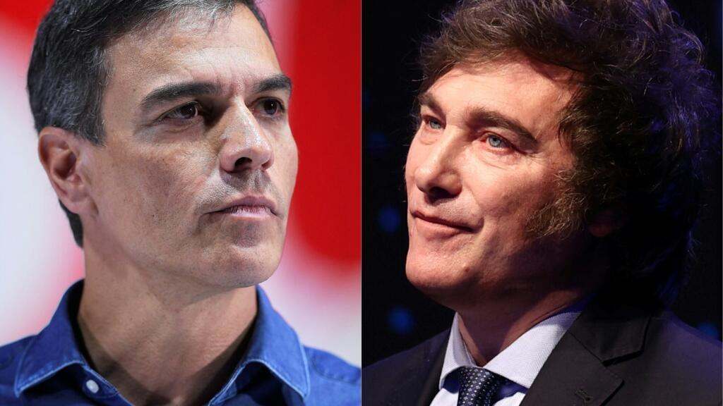 Fotomontagem mostra o primeiro-ministro espanhol, Pedro Sanchez (E), e o presidente argentino, Javier Milei. Madri retirou "definitivamente" seu embaixador na Argentina depois que Milei se recusou a pedir desculpas por chamar a esposa de Sanchez de "corrupta".