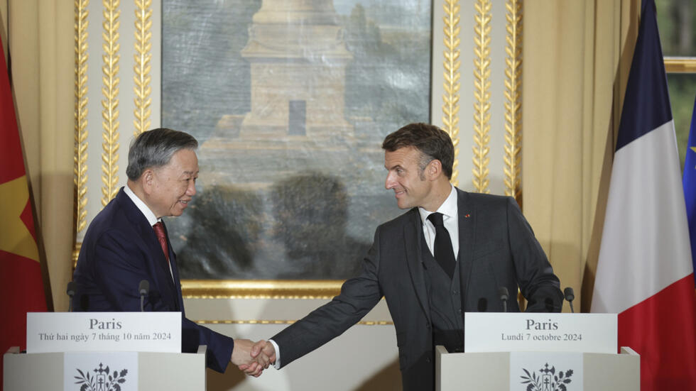 Ảnh minh họa: Tổng thống Pháp Emmanuel Macron tiếp chủ tịch nước Việt Nam Tô Lâm tại điện Elysée, Paris, ngày 07/10/2024.