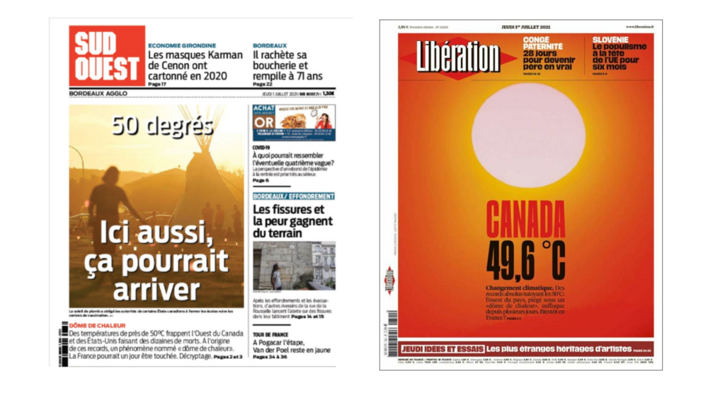 Les Unes des quotidiens français Sud-Ouest et Libération de ce jeudi 1er juillet 2021 sont consacrées à la vague de chaleur extrême qui frappe la côte ouest de l'Amérique du nord.