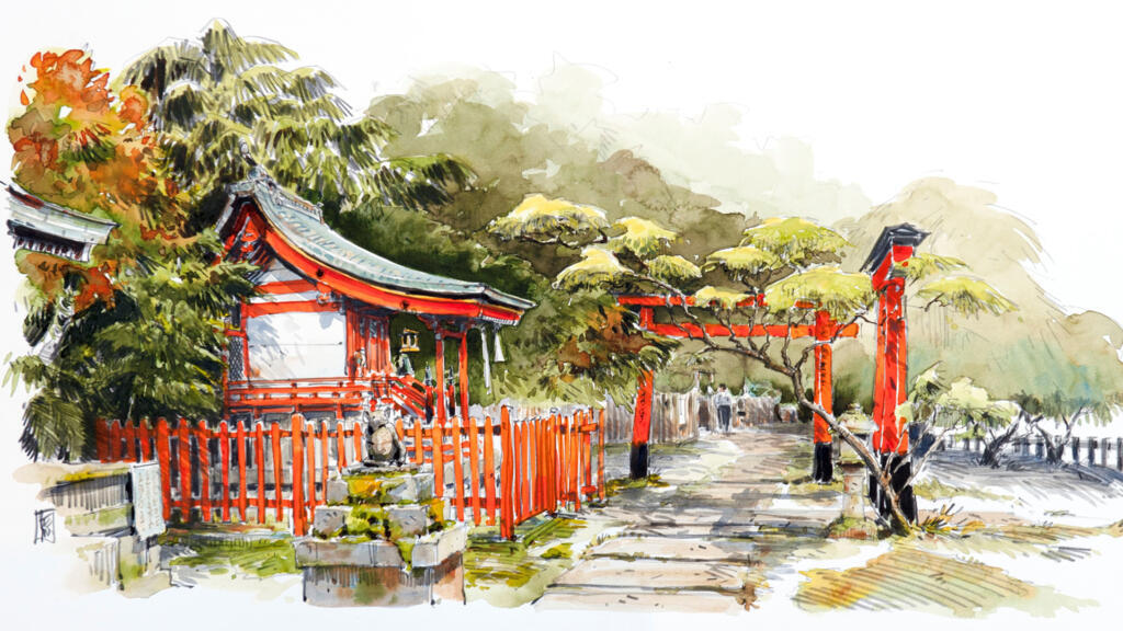 Le sanctuaire d’Otoyo-Jinja de Kyoto sous le pinceau de Reno Marca.