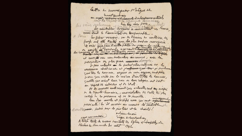Brouillon de la lettre pastorale de Monseigneur Théas, archevêque d’Albi, août 1942, France.