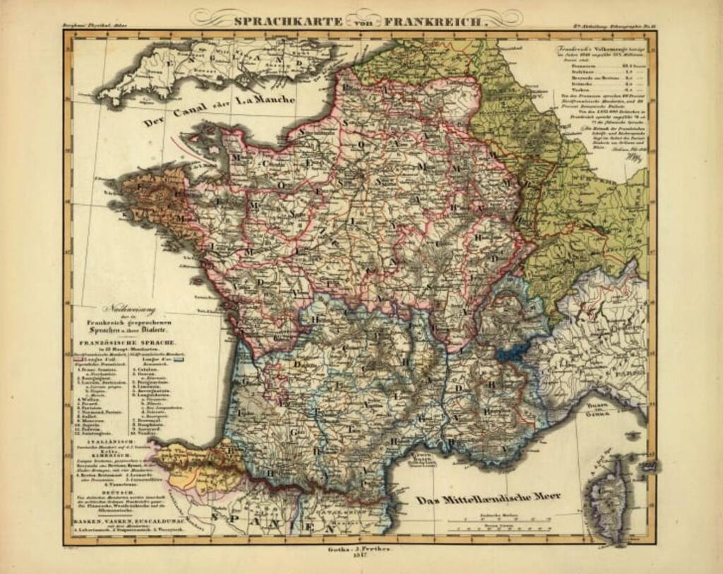 19th Century map of languages spoken in France