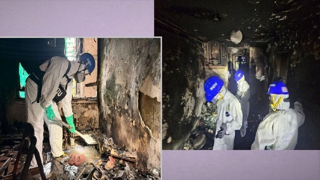 焚烧43小时才被扑灭的宏福苑大火，单位内部已薰黑一片(右上图)，有些单位的墙体更因过热而与表面形成距离(左下图)。