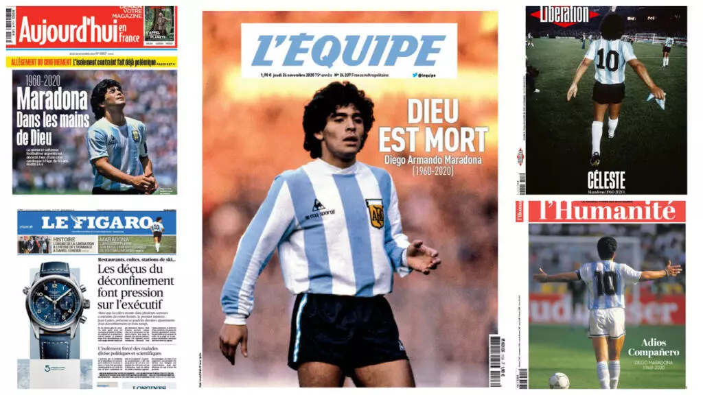 Todos los diarios franceses de este jueves rinden homenaje a Diego Maradona. Para el deportivo L'Equipe, simplemente, "murió Dios".