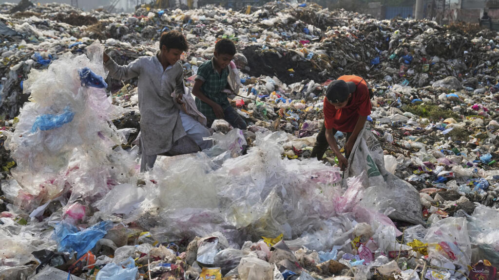 Catadores coletam plástico para reciclagem em depósito de lixo em Lahore, Paquistão, em 7 de agosto de 2025.