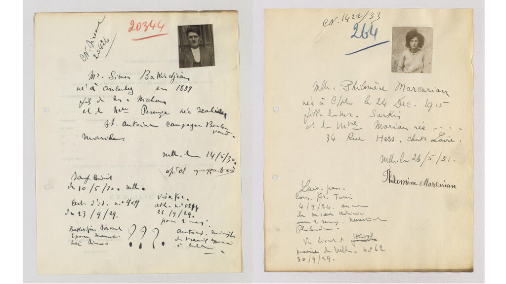Simon Bakirdjian et les trois points d’interrogation. Arrivée d’Athènes en mai 1930 ; il signe en arménien. - Philomène Marcarian, seize ans en 1931.