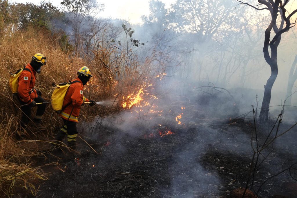 Brigadistas tentam conter incêndio florestal na área de proteção ambiental do Parque Nacional de Brasília, em meio à estação seca na capital federal. (16 de setembro de 2024)