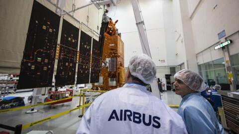 A satellite in development at Airbus's production site in Toulouse, France, on 11 February 2025.