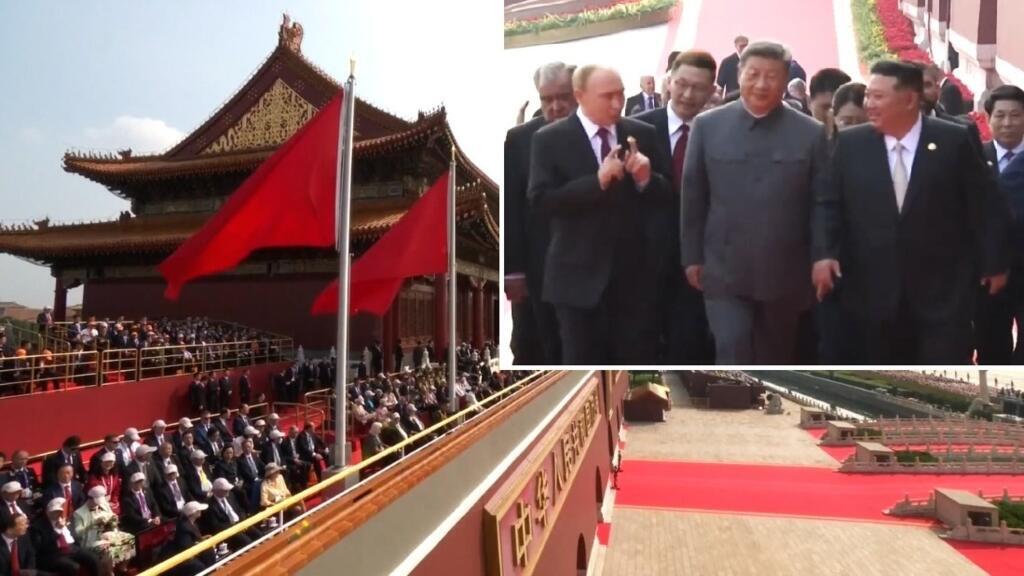 阅兵式上，中丶俄丶朝三国领导人同框(右上角小图)，被指是东方阵营成形，世界将回到二战时东西阵营对垒的局面。2025年9月3日