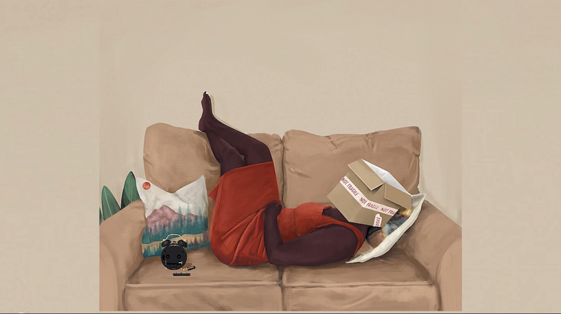 « Orange Dress » (2022), œuvre de Charlene Komuntale dans l’exposition « Sit With Me - The Diary of a Free Thinker », présentée par la galerie ougandaise Afriart Gallery.
© Charlene Komuntale