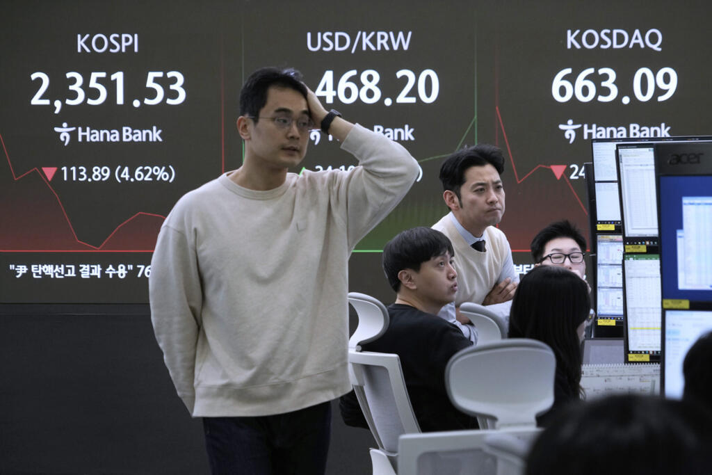 Bolsas asiáticas, como a de Seul, despencaram no mundo inteiro desde o anúncio da nova rodada de tarifas de Donald Trump contra o resto do mundo, em 2 de abril de 2025. 