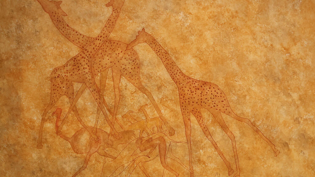 Girafes avec antilopes et autruches, copie d'Henri Lhote réalisée à Ouan Abou (Algérie), dans la région du Tassili (Sahara) entre 1956 et 1957, qui suggère que le Sahara était vert il y a des milliers d'années.