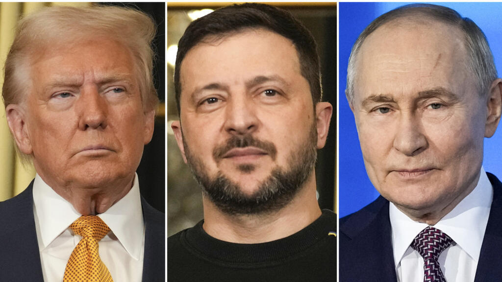 Ảnh ghép tổng thống Mỹ Donald Trump (T), lãnh đạo Ukraina Volodymyr Zelensky (G) và tổng thống Nga Vladimir Putin.