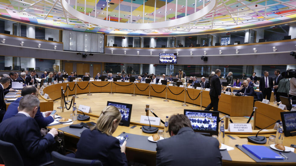 European Union finance ministers attend a round table meeting at the European Council building in Brussels, Tuesday, Jan. 21, 2025.