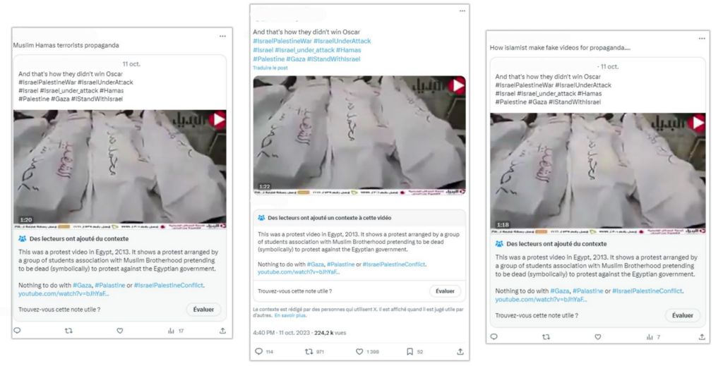 Les images montrent une manifestation d'étudiants en Égypte en 2013 et non pas une mise en scène de cadavres dans la bande de Gaza.