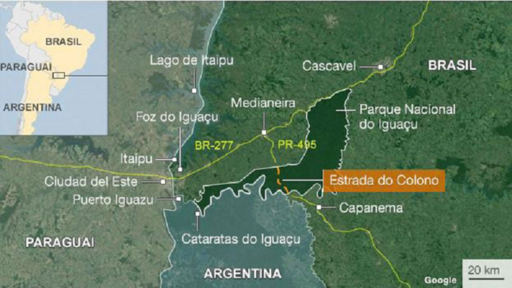 Mapa mostra traçado da Estrada do Colono, aberta ilegalmente nos anos 1950.