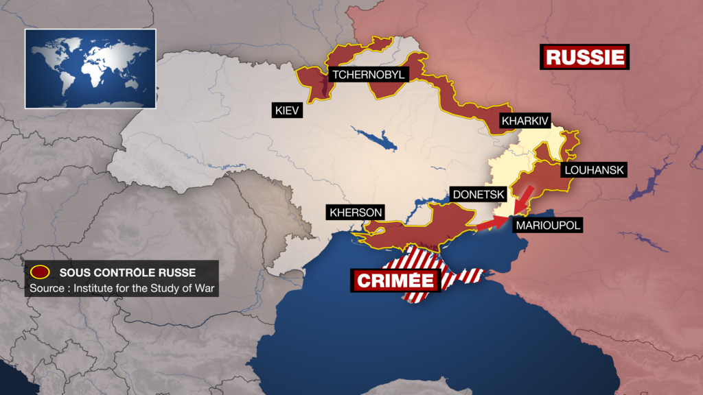 Mapa mostrando o avanço da tropas russas na Ucrânia.