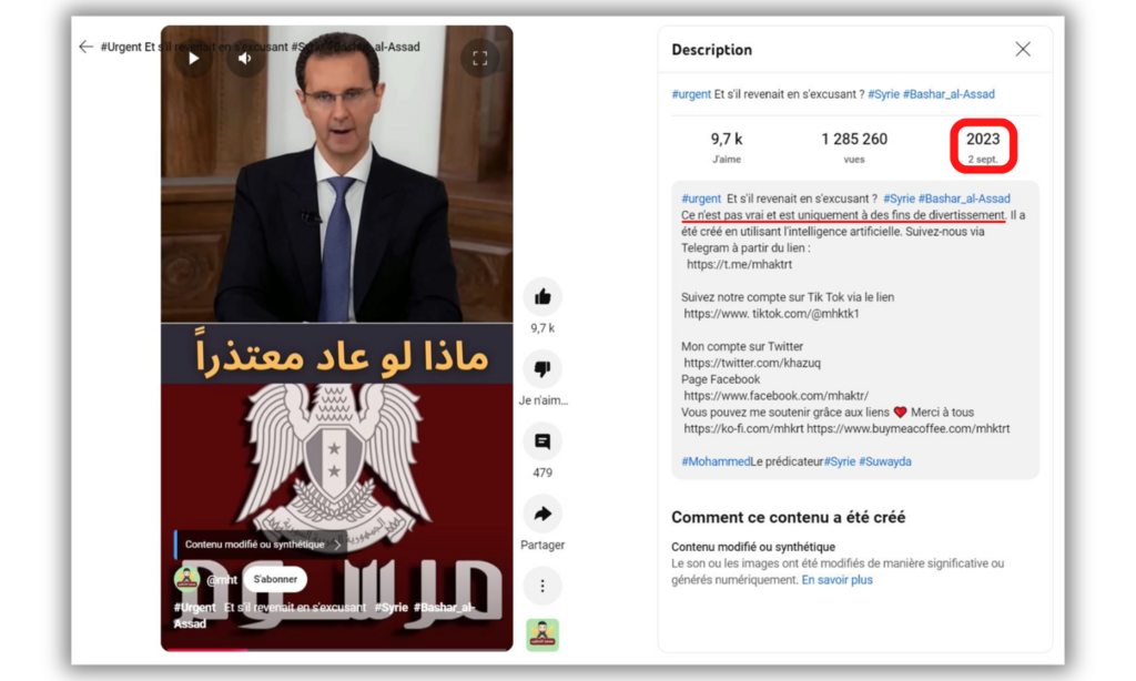 Quelqu'un a réutilisé ce deepfake daté de 2023 dans le contexte de la chute récente de Bachar el-Assad.
