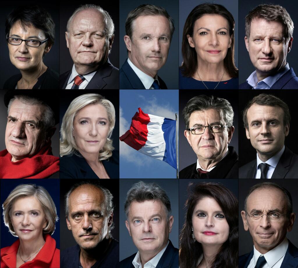 Os 12 candidatos nas eleições presidenciais francesas de 2022, em ordem alfabética de cima à esquerda para baixo à direita: Nathalie Arthaud, do partido "Luta Operária, François Asselineau, do França De Pé, Anne Hidalgo, do Partido Socialista, Yannick Jadot, do Europa Ecologia - Verdes, Jean Lassalle, do Resistamos!, Marine Le Pen, do Reunião Nacional, Emmanuel Macron, do República em Marcha, Jean-Luc Melenchon, do França Insubmissa, Valerie Pécresse, do Republicanos,  Philippe Poutou, do Novo Partido Anticapitalista, Fabien Roussel, do Partido Comunista Francês (PCF), Helene Thouy, do Partido Animalista, e Eric Zemmour, do Reconquista!