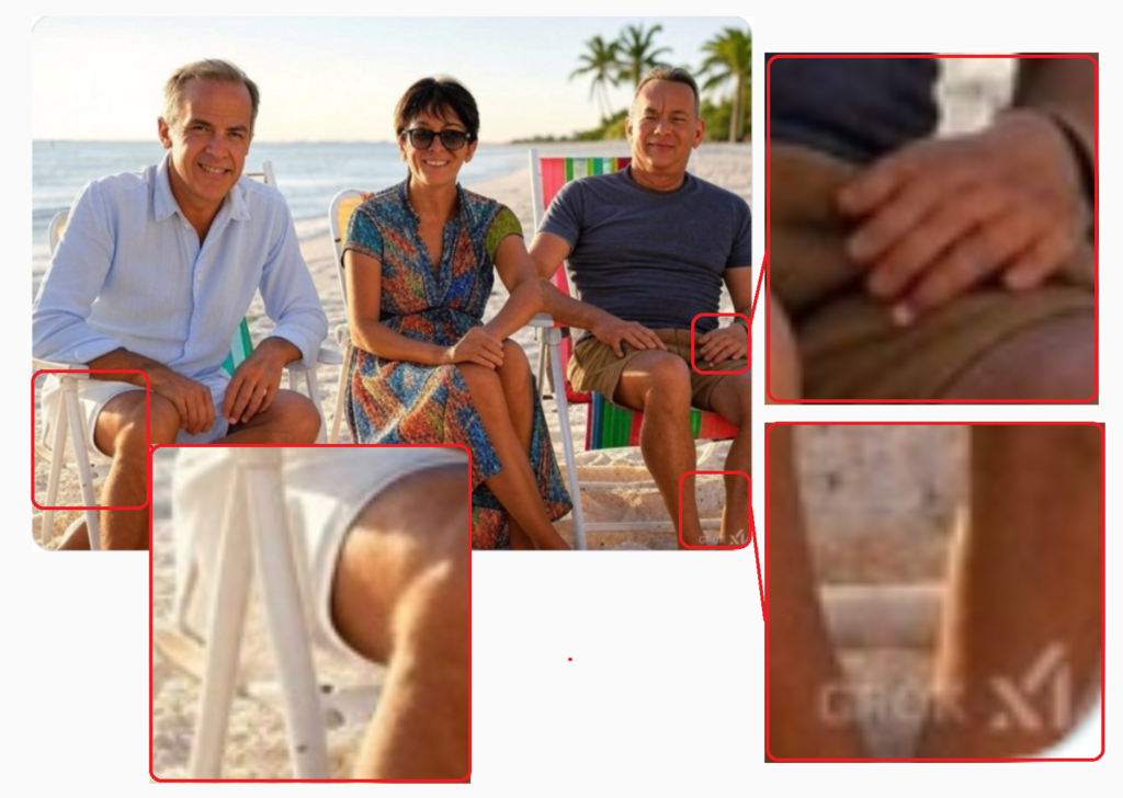 En observant l'image, on peut déceler plusieurs erreurs, comme des membres déformés, une chaise incomplète et la signature de l'IA du réseau  X en bas à droite.