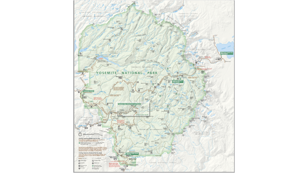 Carte du parc Yosémite, dans l'Etat de Californie, aux Etats-Unis.