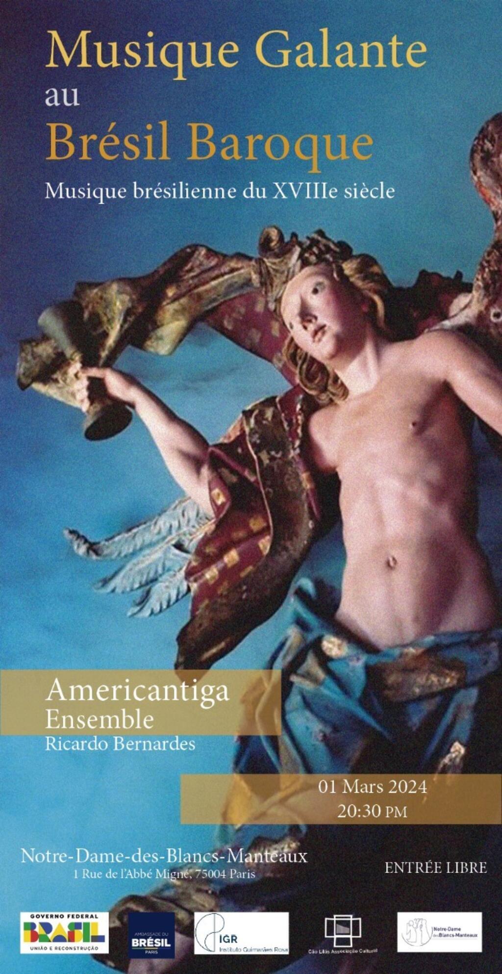 Cartaz do Americantiga Ensemble  com  o maestro Ricardo Bernardes que irá se apresentar dia 1 de março em Paris.