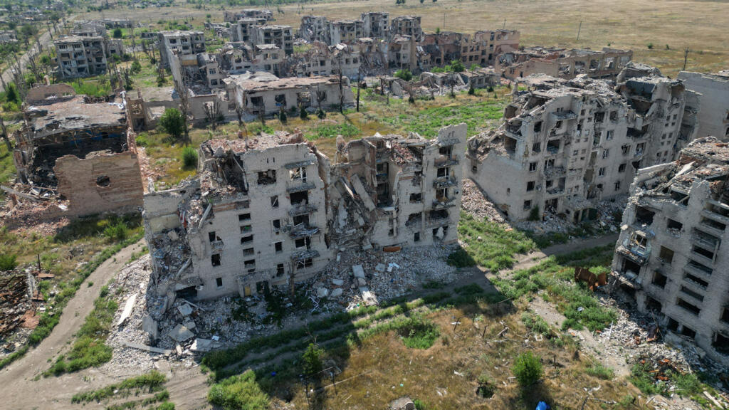 A drone view shows the ruins of residential buildings in the abandoned town of Marinka (Maryinka), which was destroyed in the course of Russia-Ukraine conflict in the Donetsk region, a Russian-control