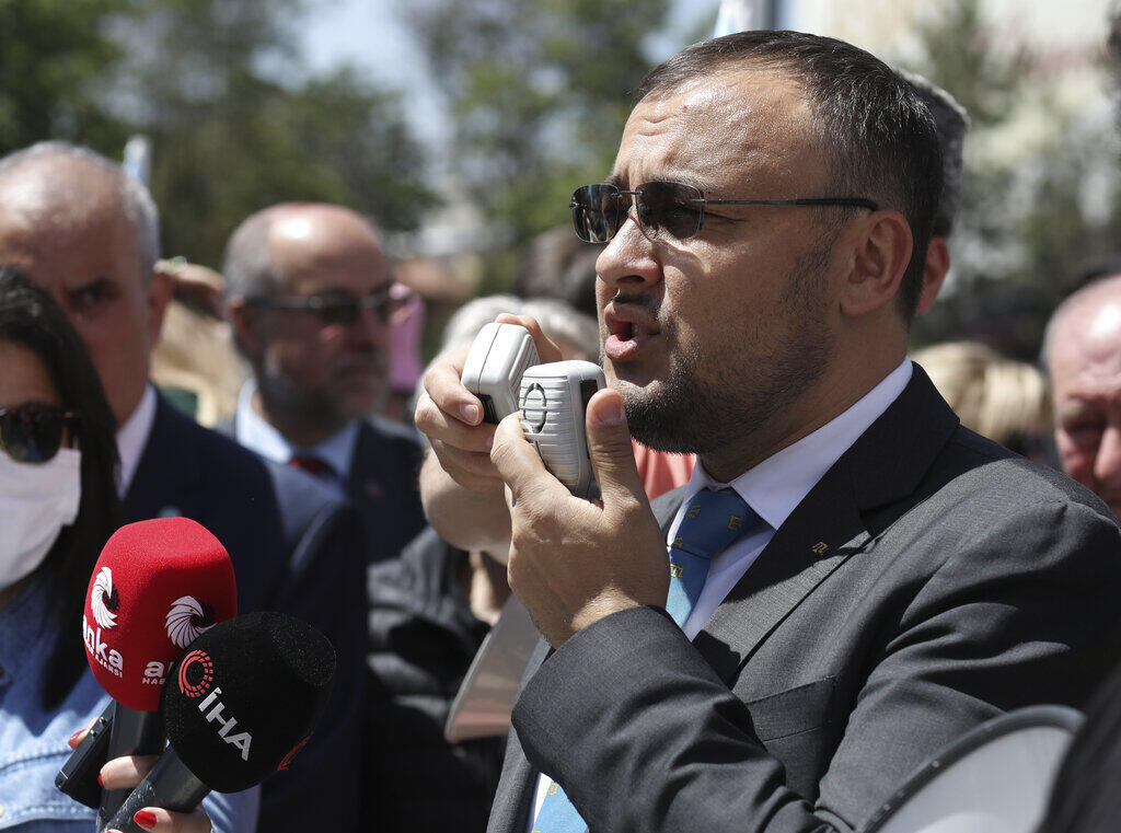 In this May 21, 2022 file photo, Vasyl Bodnar, Ukraine's ambassador to Turkey, speaks during a rally, in Ankara, Turkey.