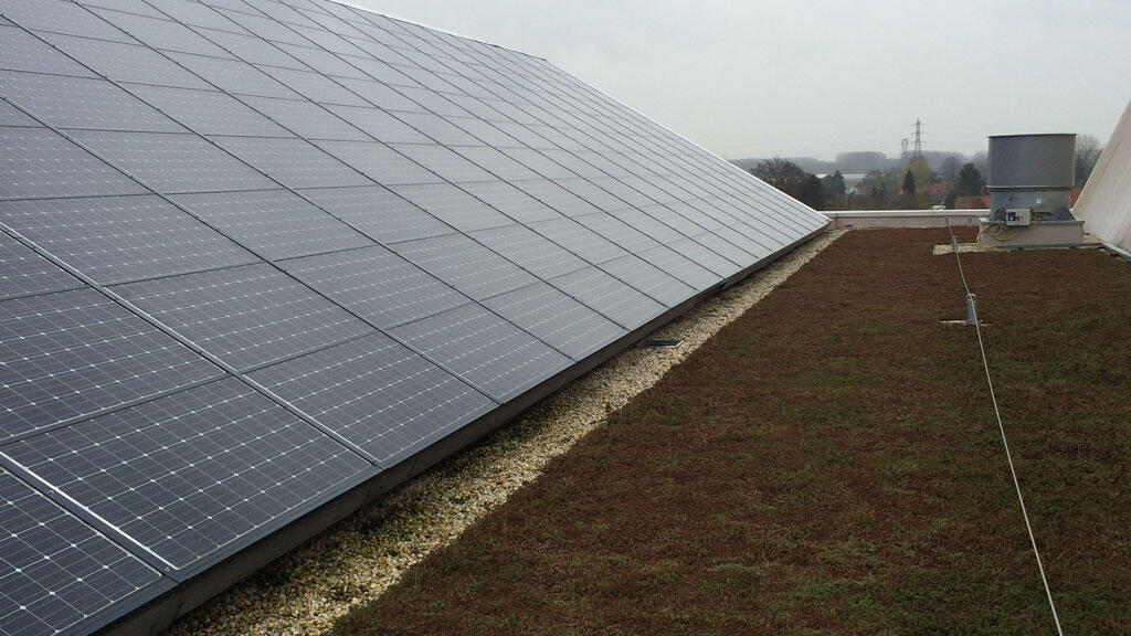 Sur le toit de Pocheco, 1400 m2 de panneaux photovoltaïques et le sol en sédum pour la récupération des eaux de pluie. Réduit de 50%, le rejet en eaux pluviales par évapotranspiration.
