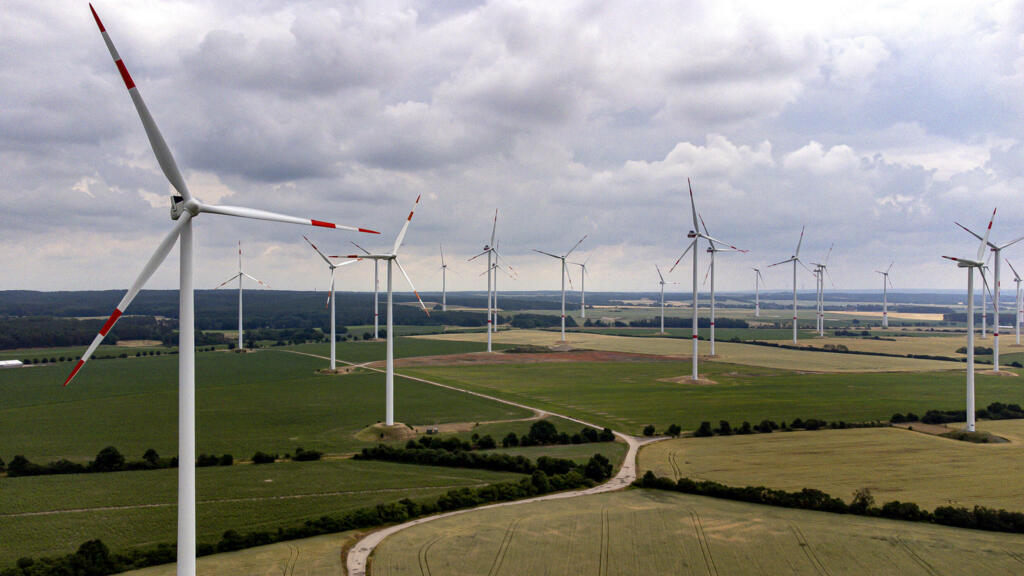 L'Allemagne souhaite sortir du charbon en développant les énergies propres. Sur cette photo, le parc éolien Odervorland à Jacobsdorf, près de Francfort-sur-l'Oder, en Allemagne, le 25 juin 2021.