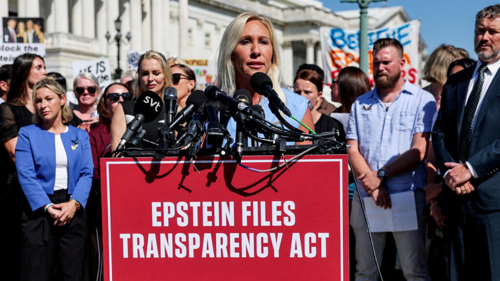 U.S. Representative Marjorie Taylor Greene speaks during a press conference to discuss the Epstein Files Transparency bill, directing the release of the remaining files related to the investigations i