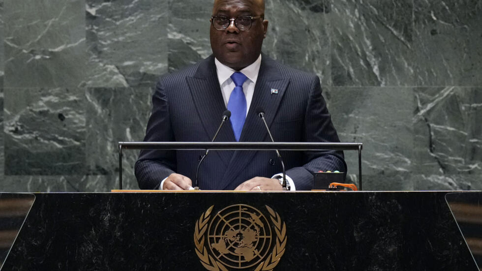 Rais wa DRC, Félix Tshisekedi, akiwa kwenye jukwaa la Mkutano Mkuu wa 79 wa Umoja wa Mataifa, Jumatano Septemba 25, New York.
