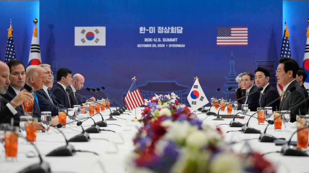 President Donald Trump, third left, and South Korean President Lee Jae Myung, right, hold a talk at the Gyeongju National Museum in Gyeongju, South Korea, Wednesday, Oct. 29, 2025.