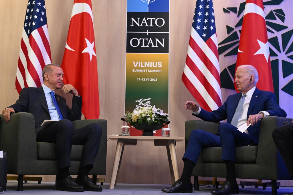 US President Joe Biden and Turkey's President Recep Tayyip Erdogan hold talks at the NATO summit in Vilnius on 11 July 2023.
