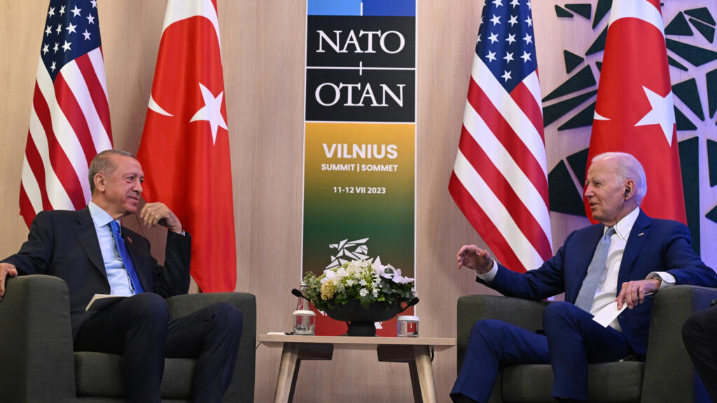 US President Joe Biden and Turkey's President Recep Tayyip Erdogan hold talks at the NATO Summit in Vilnius in July 2023.