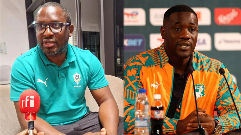 Thierry Mouyouma, le sélectionneur du Gabon et Emerse Faé, coach de la Côte d'Ivoire.