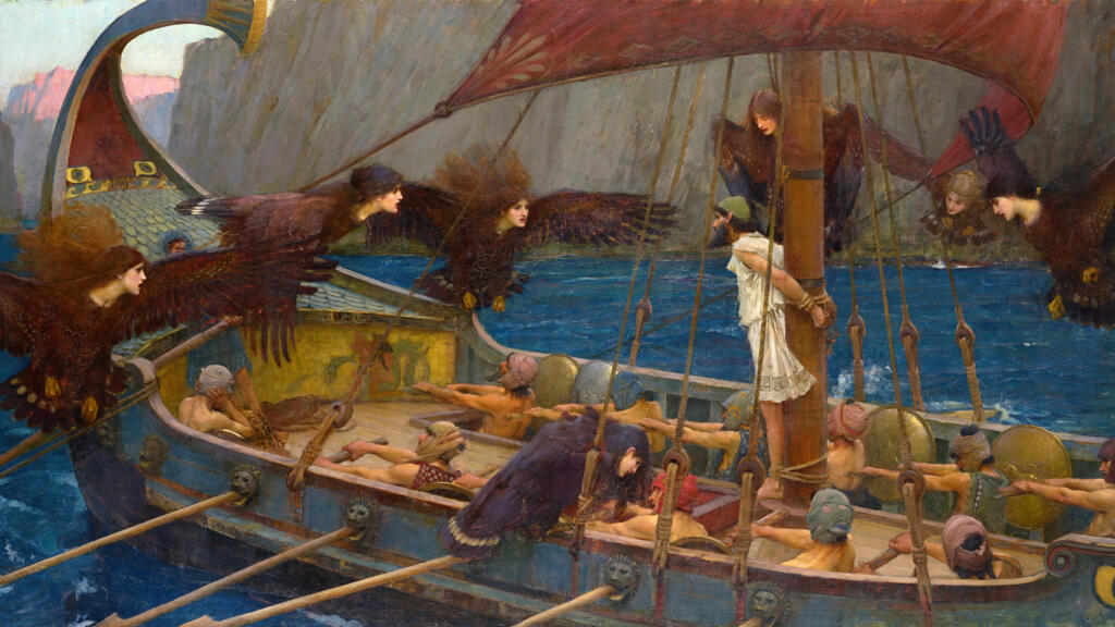 Ulysse et les sirènes par John William Waterhouse en 1891. Une des nombreuses aventures vécues par Ulysse sur le long chemin qui le ramène à Ithaque, dans l’Odyssée d’Homère.