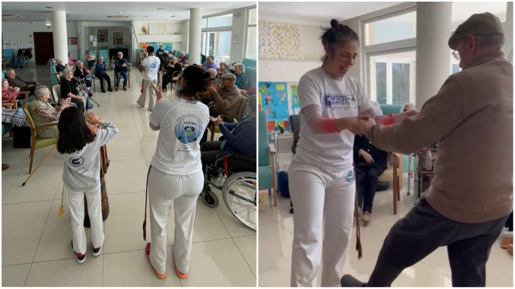 Residentes do Lar Eira da Torre durante aula de capoeira (à esquerda). A professora Joana Palhas (à direita) durante a prática de capoeira com um dos residentes.