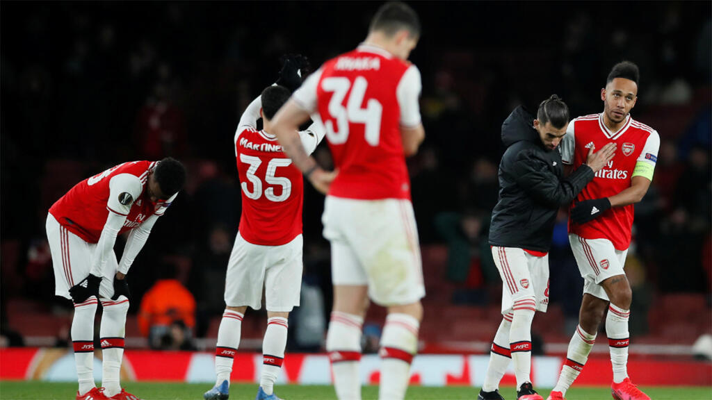 Pierre-Emerick Aubameyang (Arsenal) et ses coéquipiers éliminés par l'Olympiacos, le 27 février 2020.