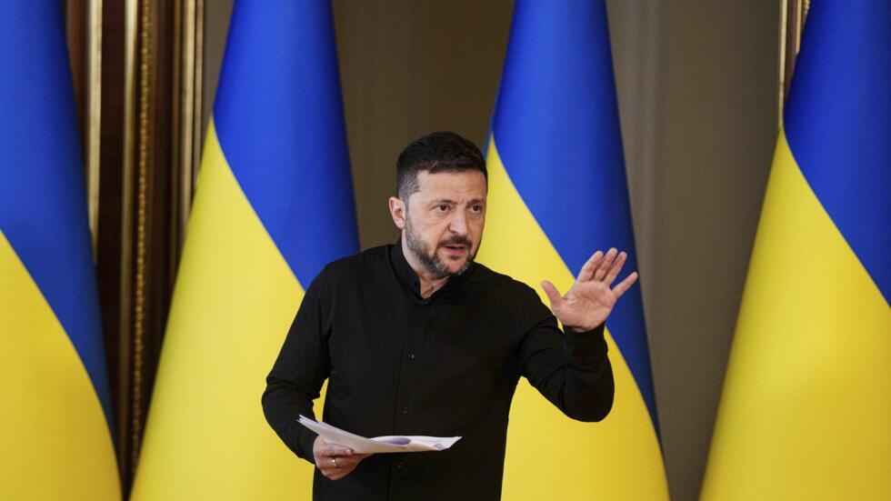 Ukrainian President Volodymyr Zelenskyy speaks to journalists during a press conference in Kyiv, Ukraine, Tuesday, May 13, 2025.
