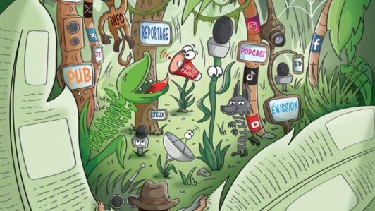Dessin original réalisé pour la 36e édition de la Semaine de la presse et des médias dans l’École par Plop et KanKr, membre de Cartooning for Peace
