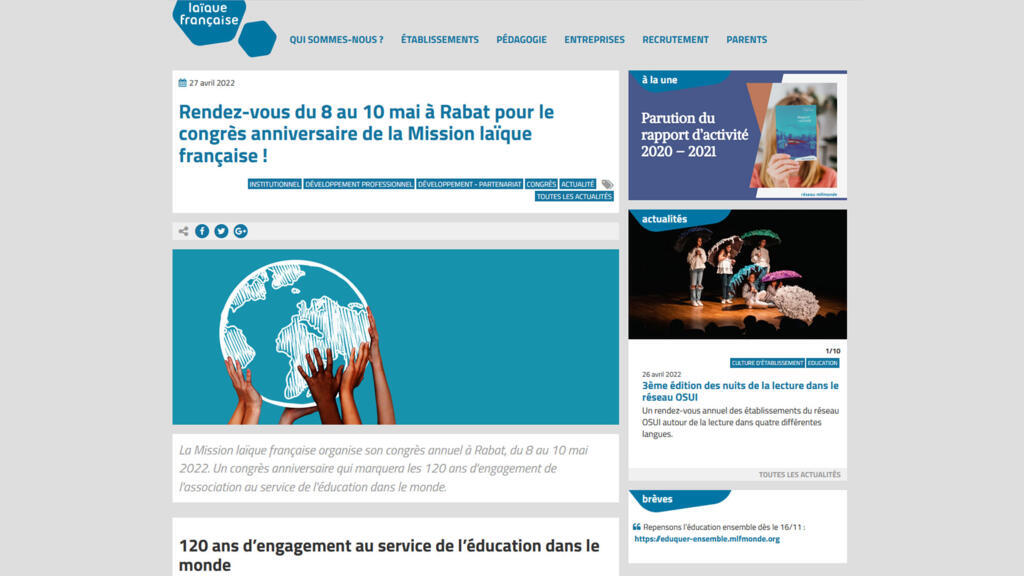 La page d'accueil de la Mission laïque française