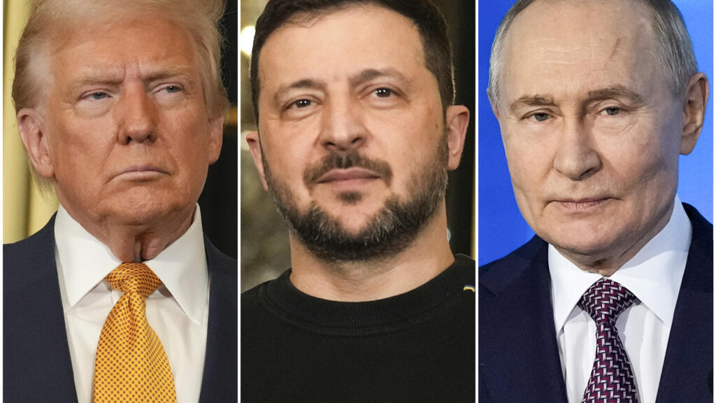 De g. à dr. : Donald Trump, Volodymyr Zelensky et Vladimir Poutine. Le président américain annonce des livraisons d'armes en faveur de l'Ukraine. (Image d'illustration)