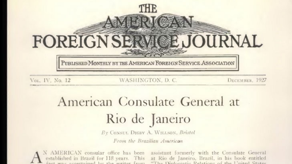 Jornal antigo sobre serviço consular dos Estados Unidos fala sobre a abertura da embaixada brasileira no Rio de Janeiro após a independência em 1927.