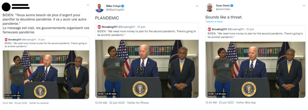 Les propos de Joe Biden volontairement détournés sur les réseaux. © Captures d'écran Twitter/ Montage RFI